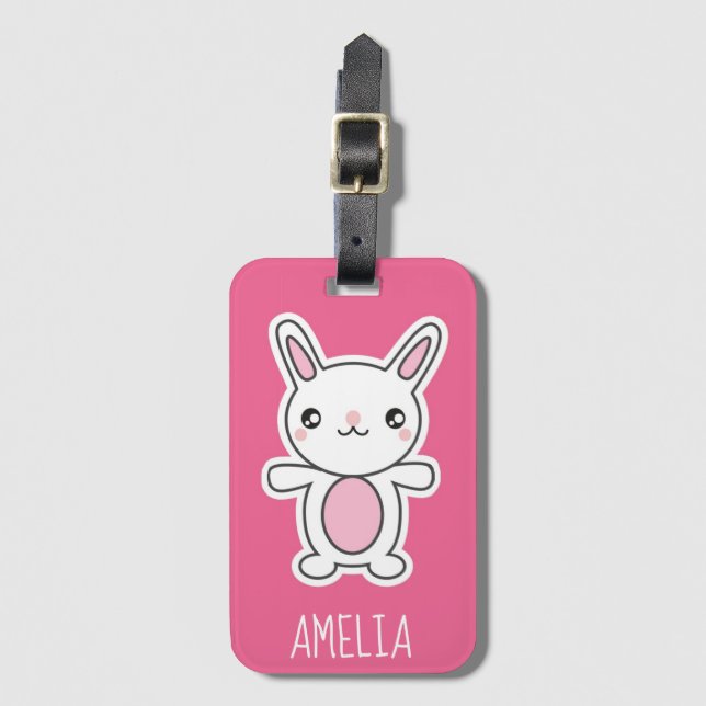 Cute Chibi Bunny Pink Personalised Luggage Tag (Front Vertical)
