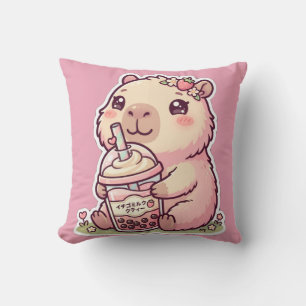 Cute Chibi Capybara Strawberry Boba Milk Tea Kawa Cushion