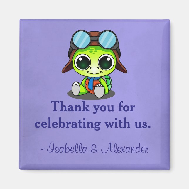 Cute Chibi Cartoon Turtle in Aviator Hat Thank You Magnet (Front)