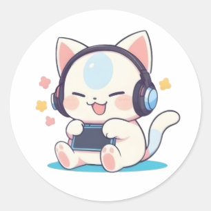Cute Chibi Cat Gaming Headphones Portable Console  Classic Round Sticker