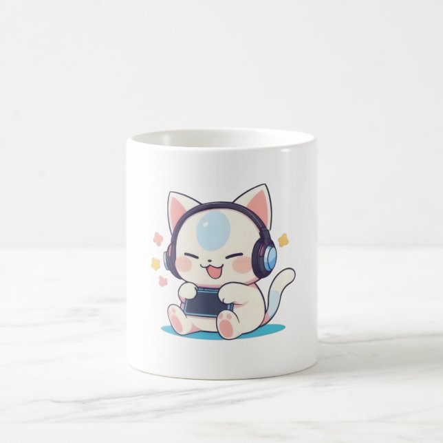 Cute Chibi Cat Gaming Headphones Portable Console  Coffee Mug (Center)