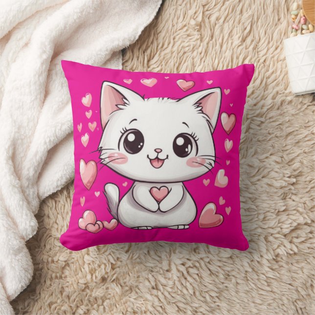 Cute Chibi Cat Pink Pillow with Hearts Kawaii  (Blanket)