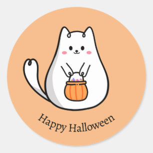 Cute Chibi Cat Trick or Treating Happy Halloween Classic Round Sticker