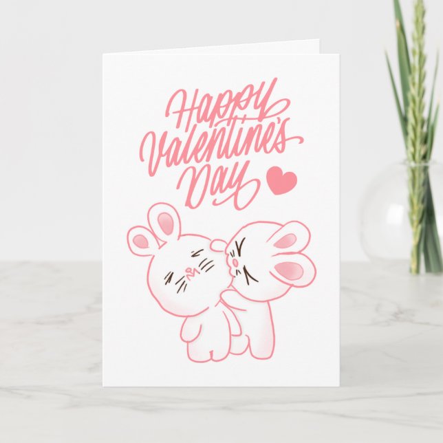Cute Chibi Couple Rabbit Happy Valentines Day Card (Front)