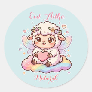 Cute Chibi Fairy Sheep Rainbow Eid Adha Mubarak Classic Round Sticker