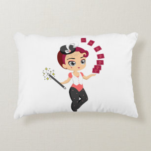 Cute Chibi Female Magician Performing Card Magic Decorative Cushion
