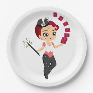 Cute Chibi Female Magician Performing Card Magic  Paper Plate