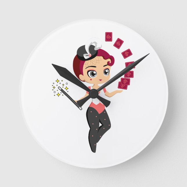 Cute Chibi Female Magician Performing Card Magic  Round Clock (Front)