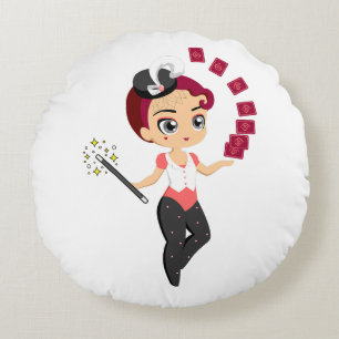 Cute Chibi Female Magician Performing Card Magic Round Cushion