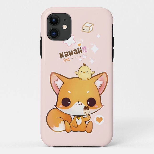 Cute chibi fox with kawaii chick and icecream Case-Mate iPhone case (Back)