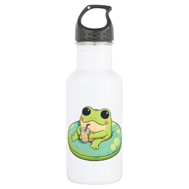 Cute Chibi Frog Summer Pool Day Lemonade Design 532 Ml Water Bottle (Front)