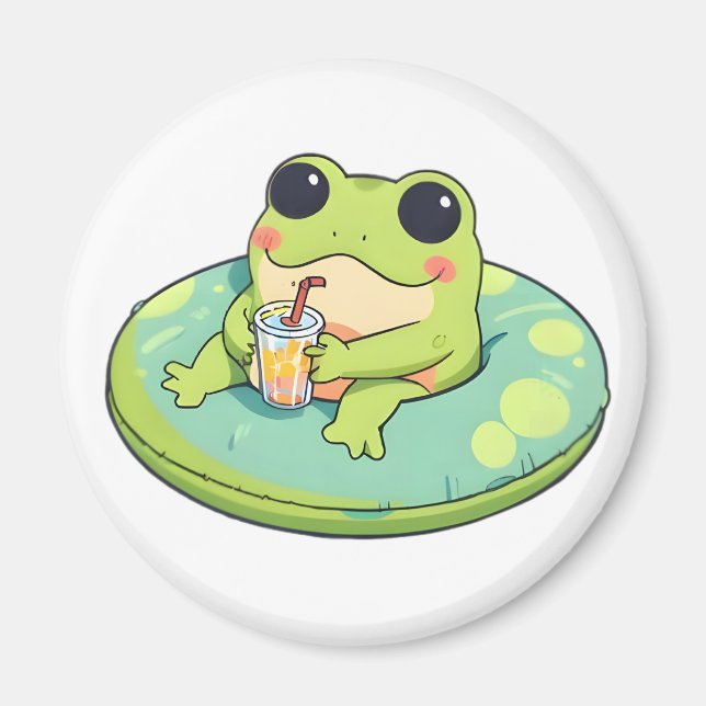 Cute Chibi Frog Summer Pool Day Lemonade Design Magnet (Front)