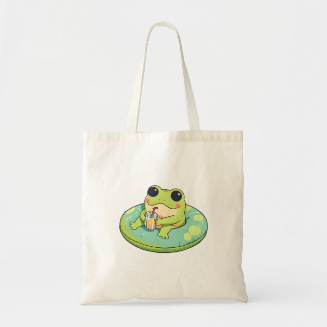 Cute Chibi Frog Summer Pool Day Lemonade Design Tote Bag (Front)