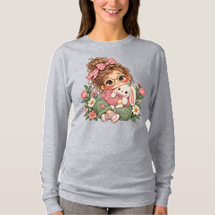 Cute Chibi Girl Embroidery Style Floral Cosy Autum T-Shirt