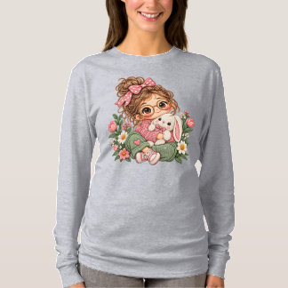 Cute Chibi Girl Embroidery Style Floral Cosy Autum T-Shirt