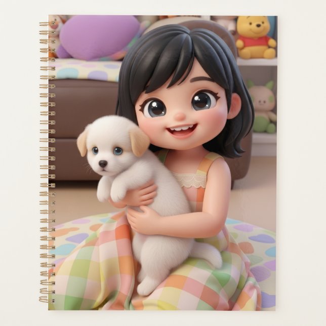 Cute Chibi Girl Hugging White Puppy Dog Planner (Front)