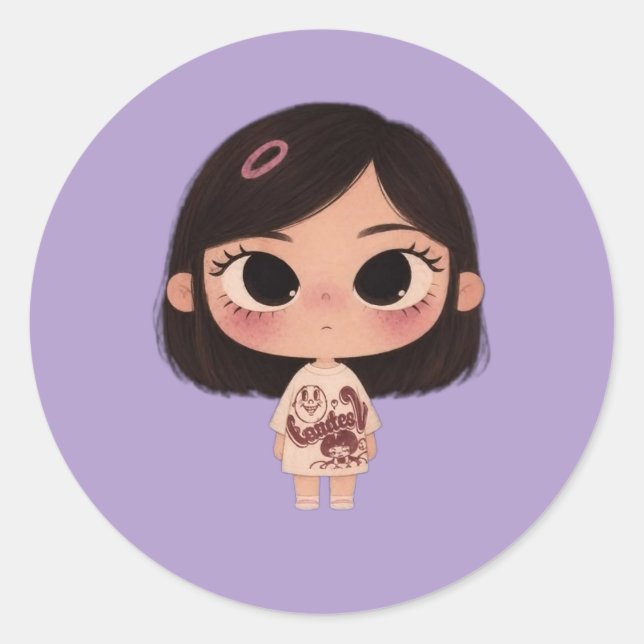 Cute Chibi Girl Illustration Round Pinback Button Classic Round Sticker (Front)
