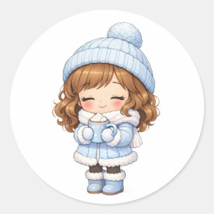 Cute Chibi Girl in Blue Winter Outfit Classic Round Sticker