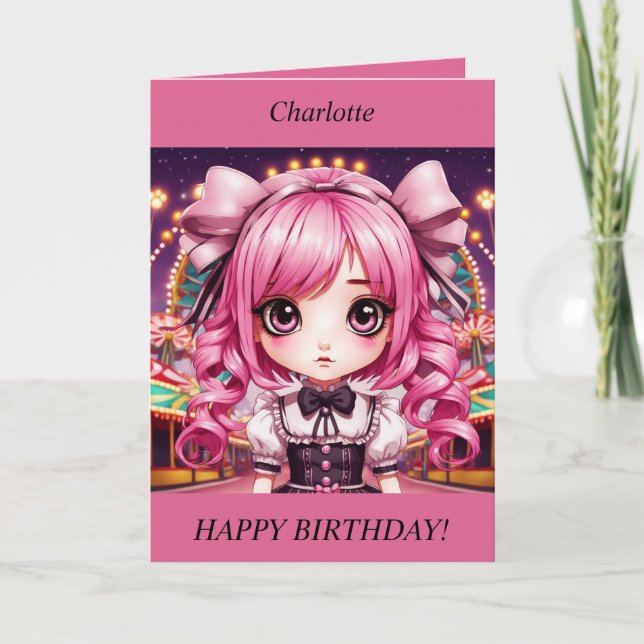 Cute Chibi Girl pink hair Birthday Card (Front)