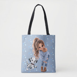 Cute Chibi Girl & Puppy Tote Bag