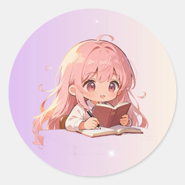 Cute Chibi Girl Studying Round Sticker (Front)