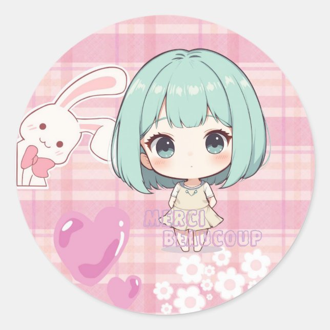 Cute Chibi Girl with Rabbit Round Sticker - Adorab (Front)