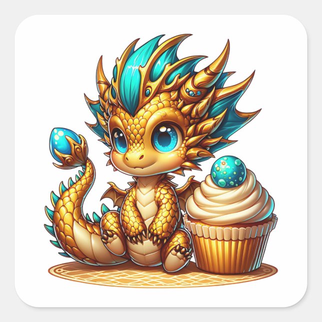 Cute Chibi Gold and Blue Dragon with Cupcake Square Sticker (Front)