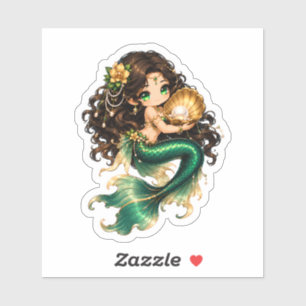 Cute Chibi Green Mermaid with Golden Pearl Seashel