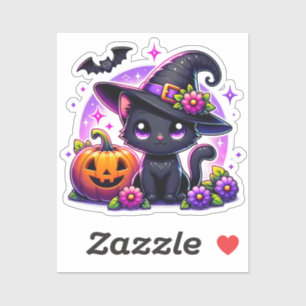 Cute Chibi Halloween Black Cat and Pumpkin