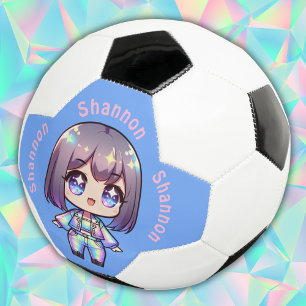 Cute Chibi Holographic Monogram on Blue   Soccer Ball