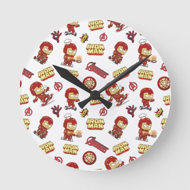 Cute Chibi Iron Man Seamless Pattern - Superhero  Round Clock (Front)