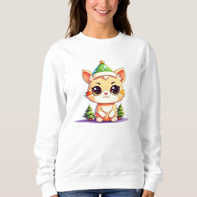 Cute Chibi Kawaii Cartoon Christmas Kitty Cat Sweatshirt (Front)