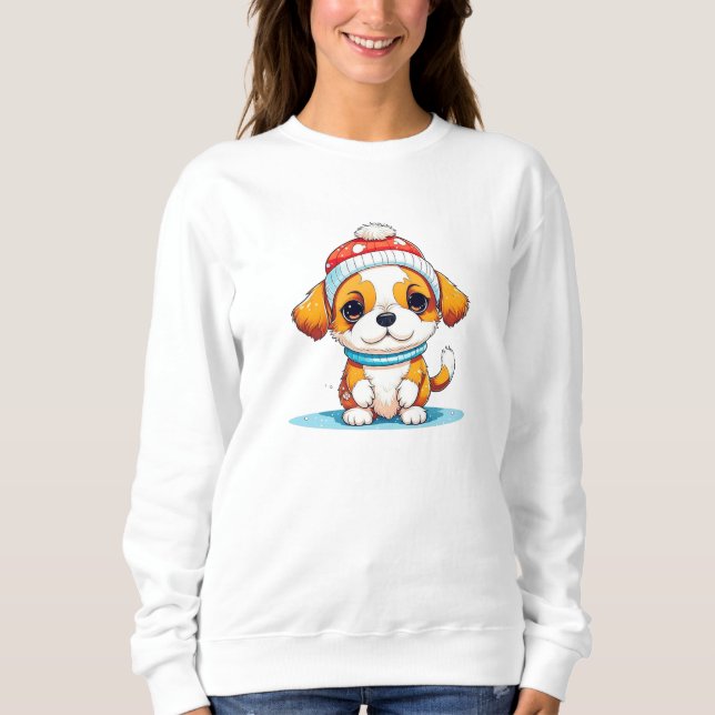 Cute Chibi Kawaii Cartoon Christmas Puppy Dog Sweatshirt (Front)