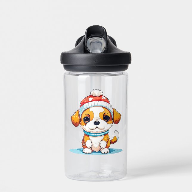 Cute Chibi Kawaii Cartoon Christmas Puppy Dog Water Bottle (Front)