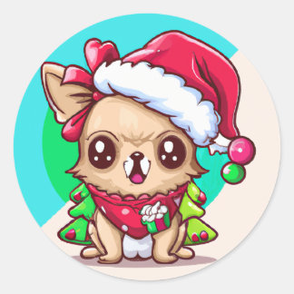 Cute Chibi Kawaii Long Haired Chihuahua Christmas Classic Round Sticker