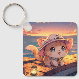 Cute Chibi Kitten at the Harbor Sunset – Whimsical Key Ring