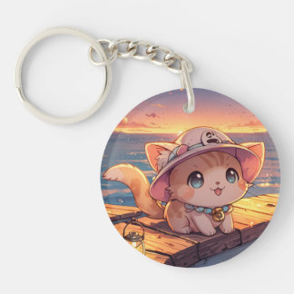 Cute Chibi Kitten at the Harbor Sunset – Whimsical Key Ring