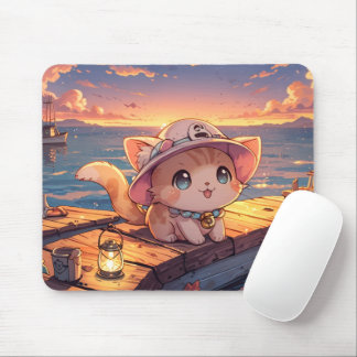 Cute Chibi Kitten at the Harbor Sunset – Whimsical Mouse Pad