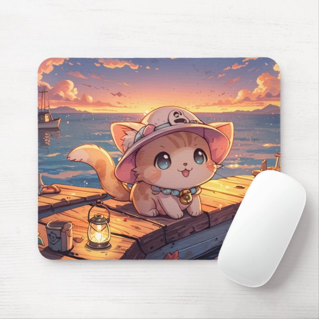 Cute Chibi Kitten at the Harbor Sunset – Whimsical Mouse Pad (With Mouse)