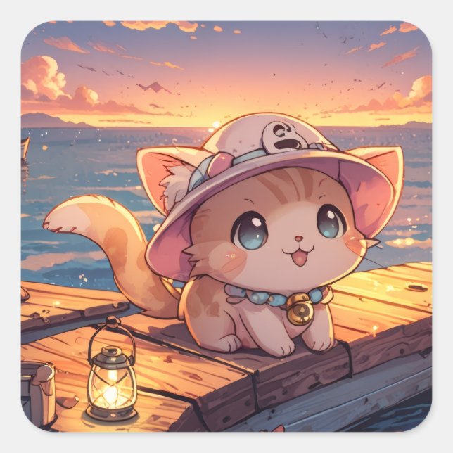 Cute Chibi Kitten at the Harbor Sunset – Whimsical Square Sticker (Front)