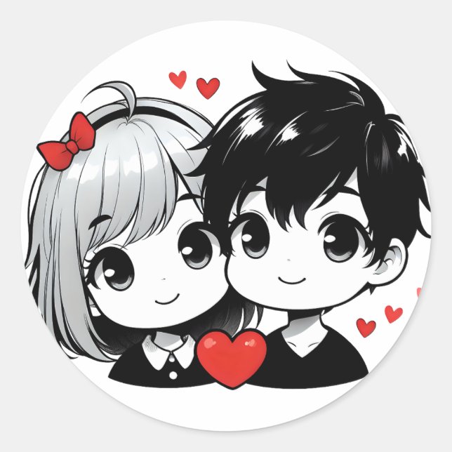 Cute Chibi Love Story Illustration for Valentine's Classic Round Sticker (Front)