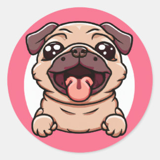 Cute Chibi Pug Busting Out Through Hole Classic Round Sticker