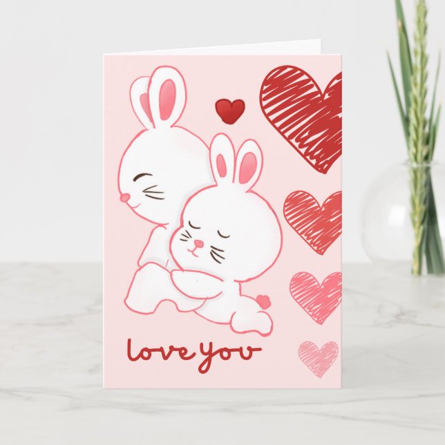 Cute Chibi Rabbit Couple Scribble Heart Valentines Card (Front)