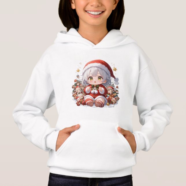 Cute Chibi Santa Girls' Christmas Pullover Hoodie (Front)