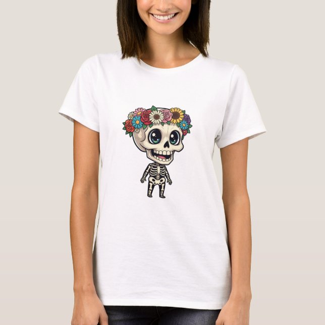 Cute Chibi Skeleton Character Wearing Colourful T-Shirt (Front)