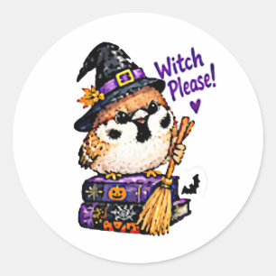Cute Chibi Sparrow Bird Halloween Witch Please Classic Round Sticker