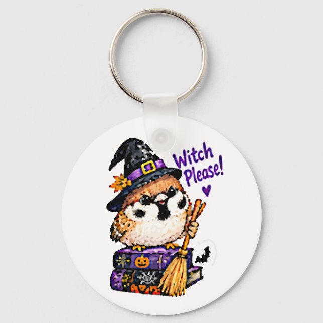 Cute Chibi Sparrow Bird Halloween Witch Please  Key Ring (Front)