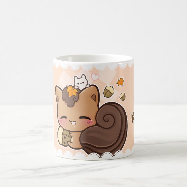 Cute chibi squirrel with kawaii chestnut coffee mug (Center)
