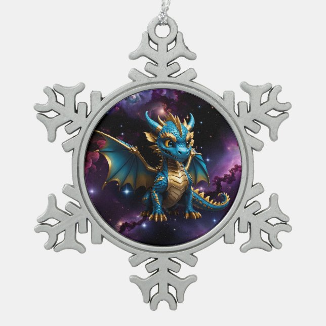 Cute Chibi style blue dragon Snowflake Pewter Christmas Ornament (Front)