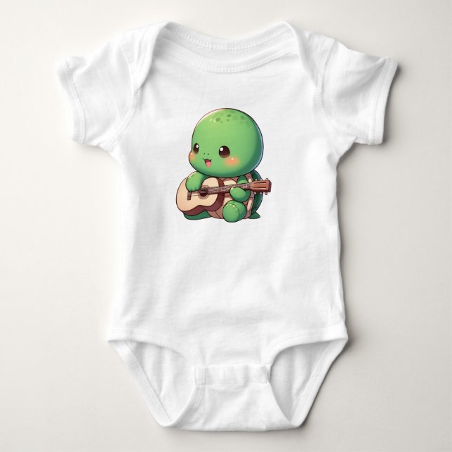 Cute Chibi Turtle Playing Guitar Baby Bodysuit (Front)